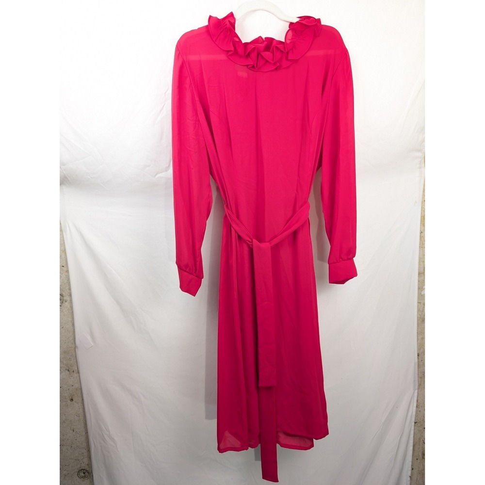 Vintage 70s Ruffle Neck Long Sleeve Belted Dress Sz XL Pink Fairy Coquette Union - Picture 2 of 10